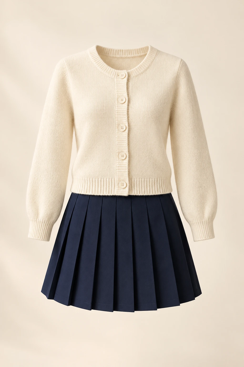 Common Room Cream Pleated Set: Knit button cardigan and solid navy pleated skirt