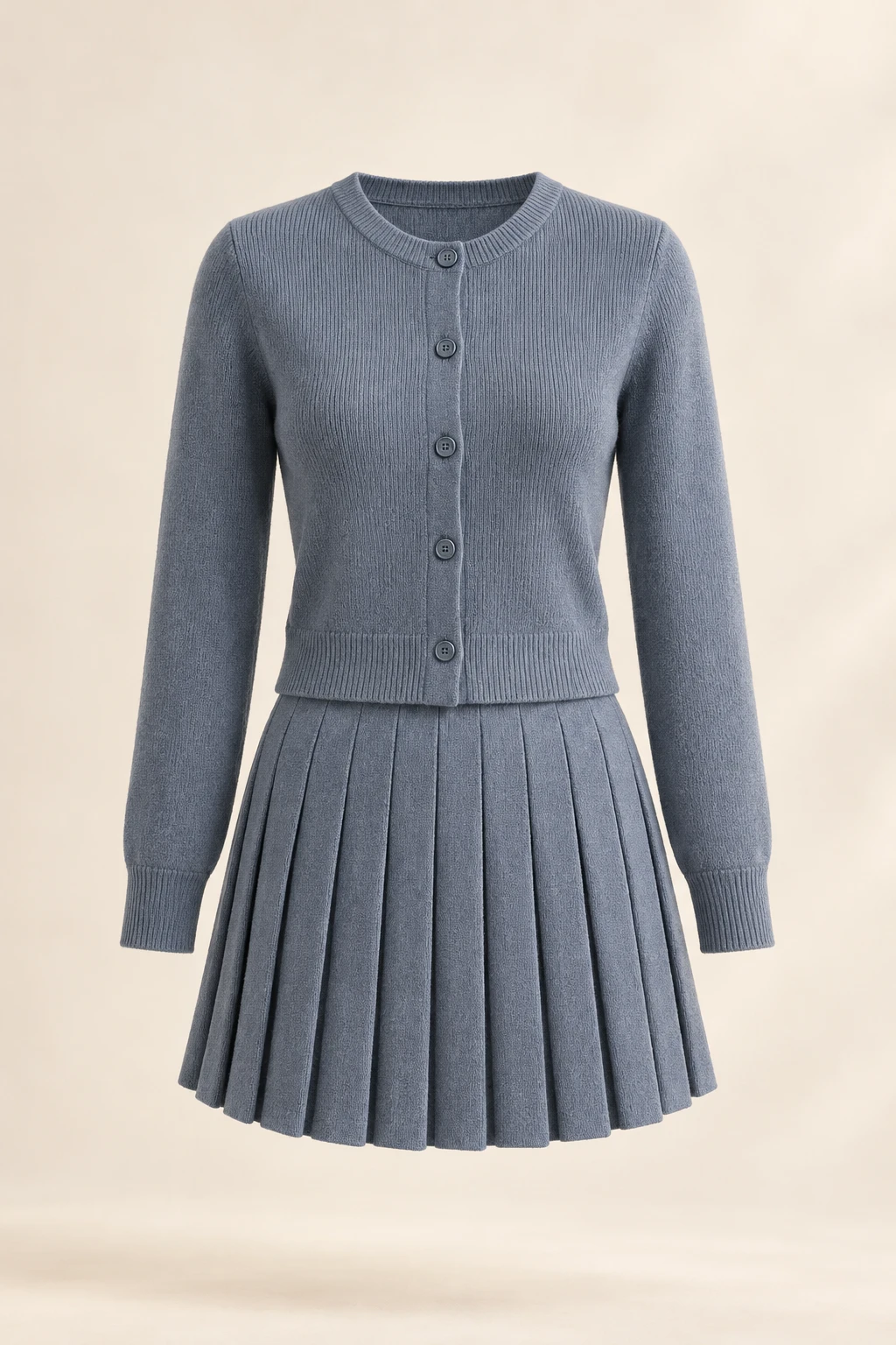 Common Room Slate Pleated Set: Knit button cardigan and gray-blue pleated skirt