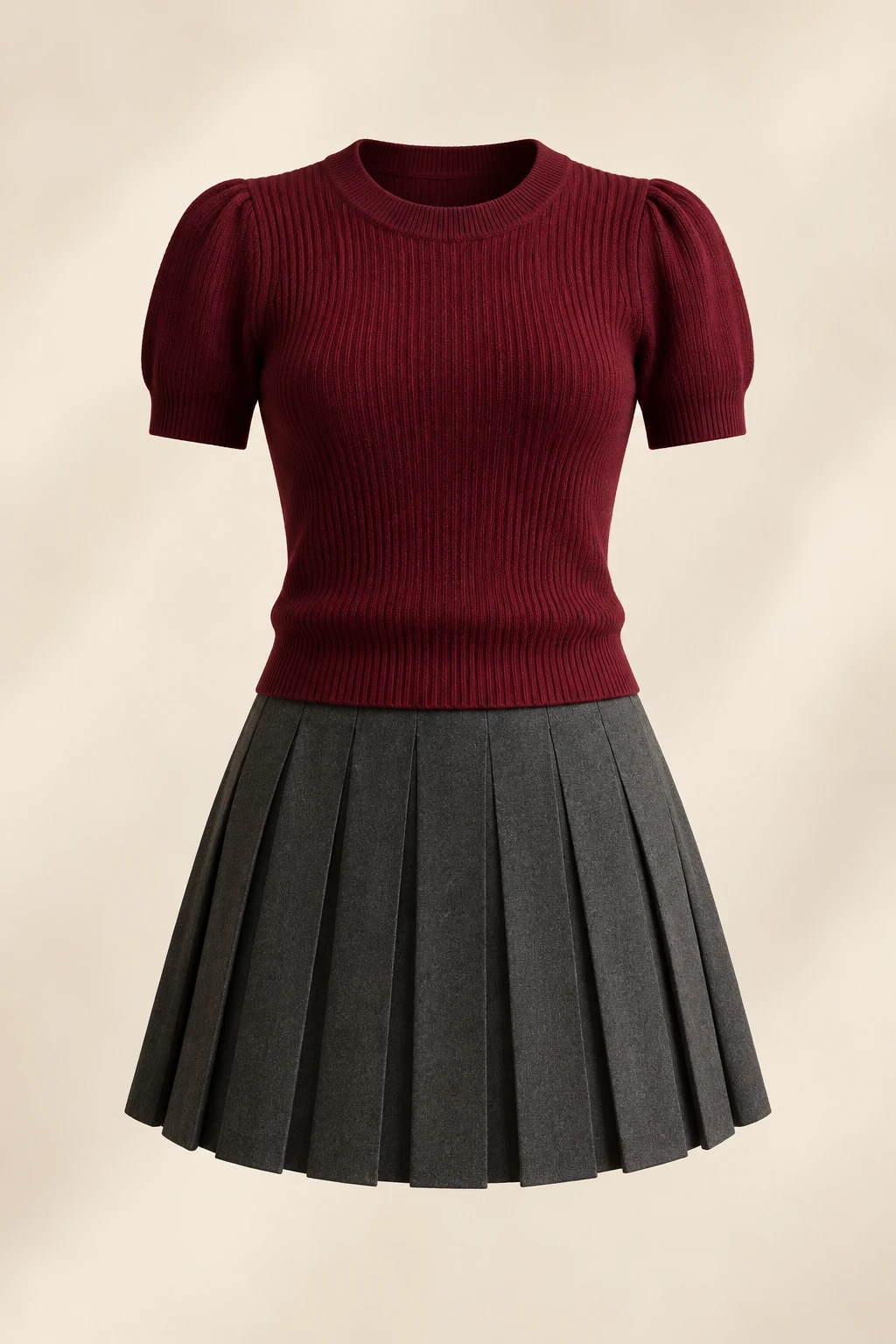 Common Room Wine Pleated Set: Knit short-sleeved top and solid charcoal pleated skirt