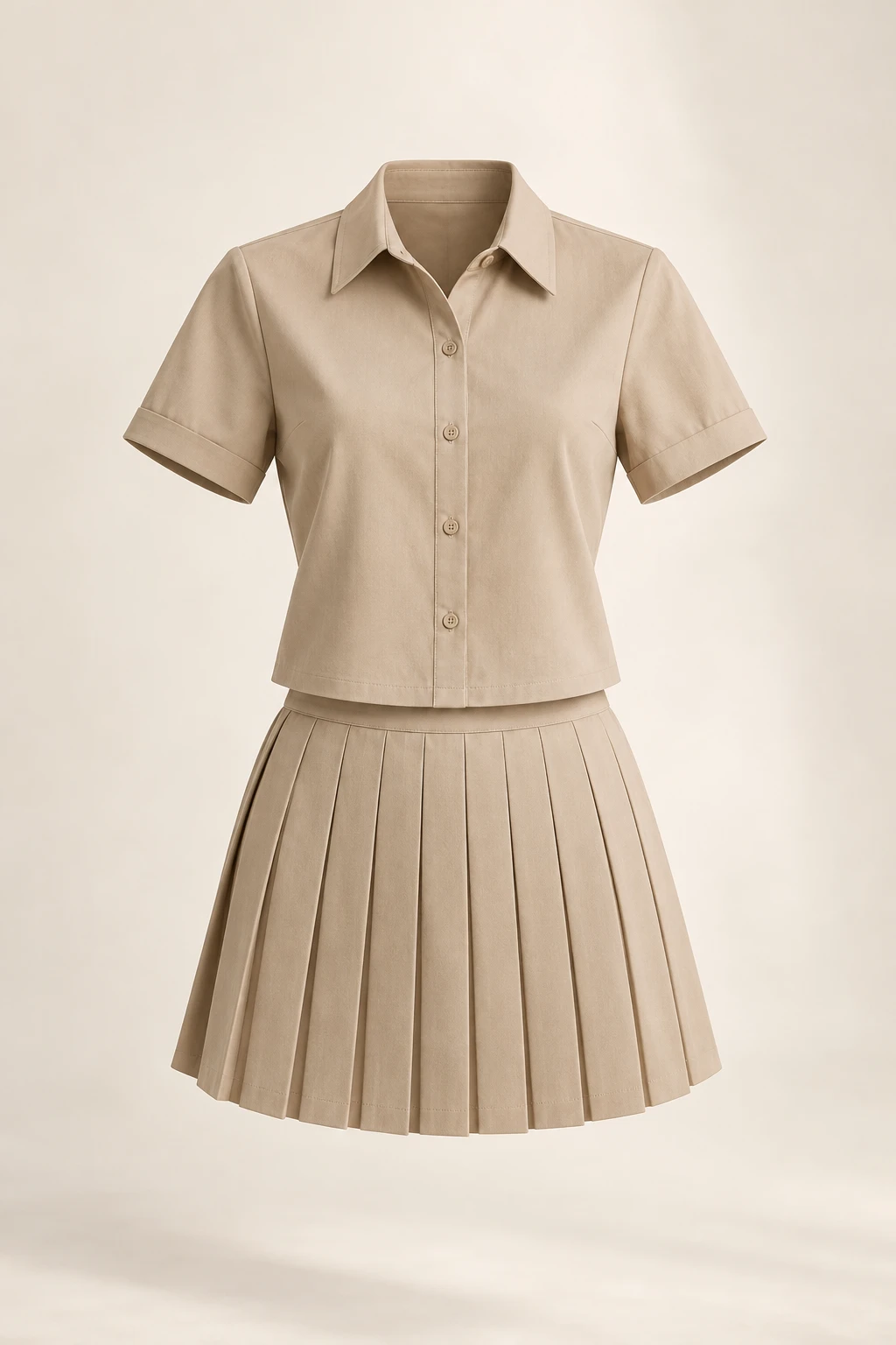Courtyard Sand Pleated Set: Short-sleeved collared shirt and solid sand pleated skirt