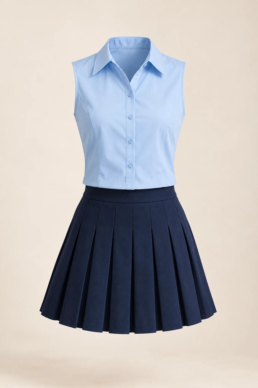 Courtyard Sky Pleated Set: Sleeveless collared shirt and solid navy pleated skirt