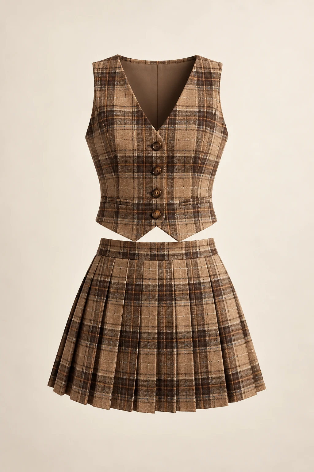 Library Camel Pleated Set: Cropped waistcoat and camel and brown plaid pleated skirt