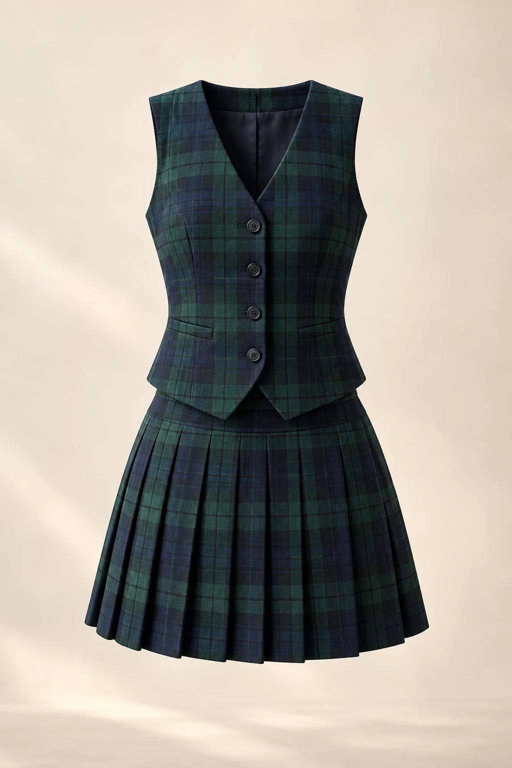 Library Forest Pleated Set, Sleeveless vest and forest green and navy plaid skirt