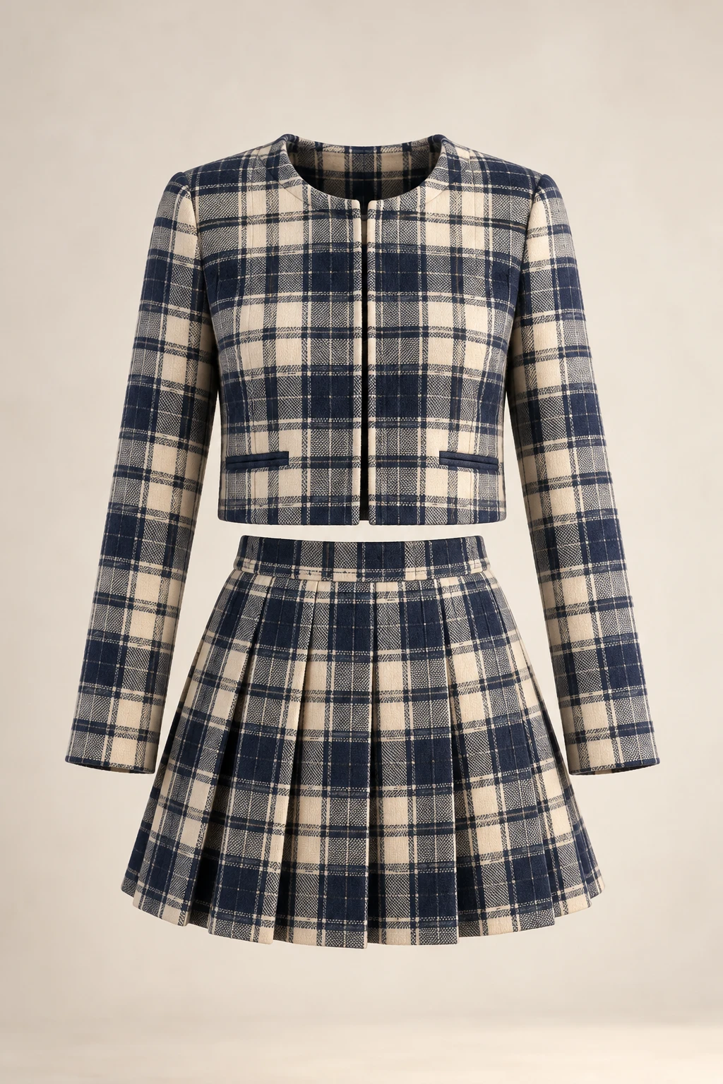 Library Ink Pleated Set: Long-sleeved cropped jacket and navy and cream plaid pleated skirt
