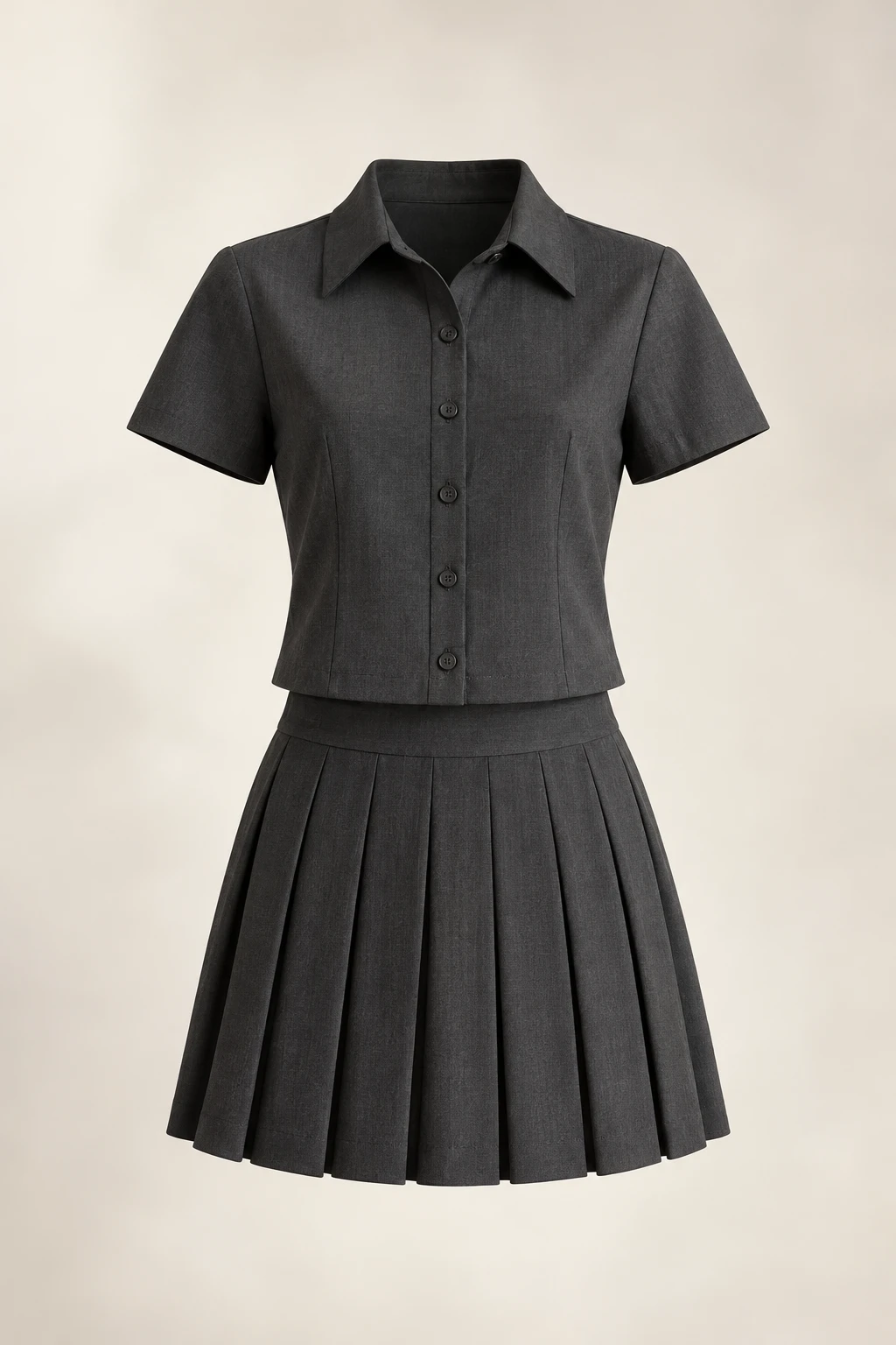 Oxford Charcoal Pleated Set: Short-sleeved button-front top and solid charcoal pleated skirt