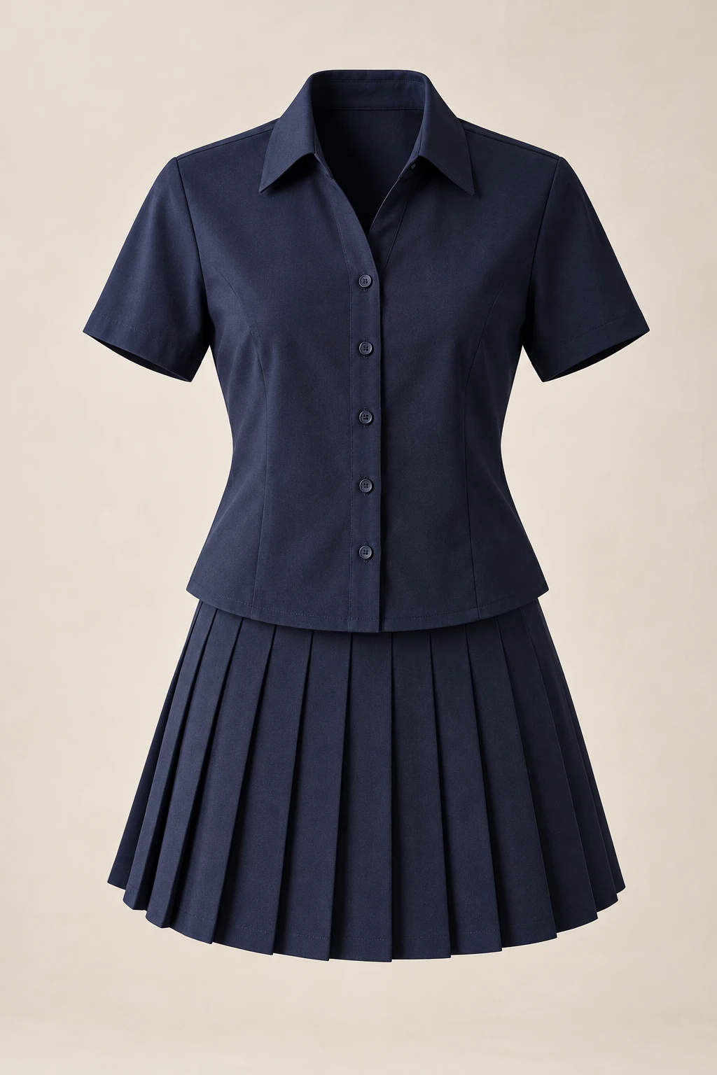 Oxford Navy Pleated Set: Short-sleeved collared button top and solid navy pleated skirt