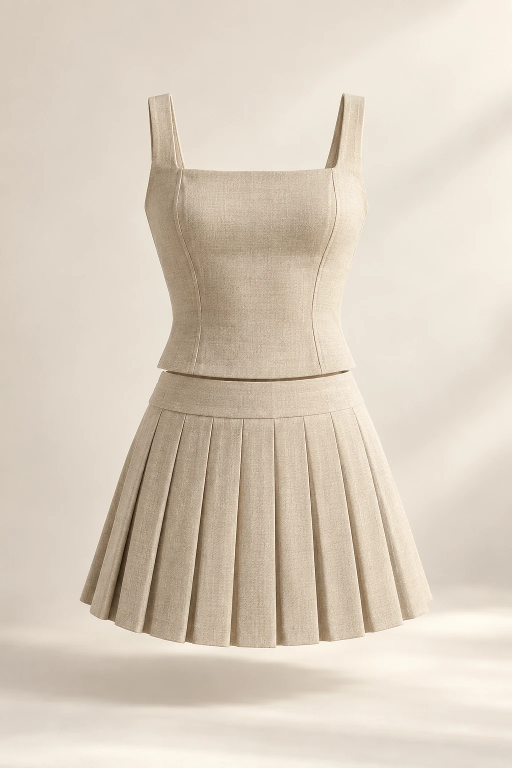 Oxford Oat Pleated Set: Sleeveless square-neck top and solid oatmeal pleated skirt